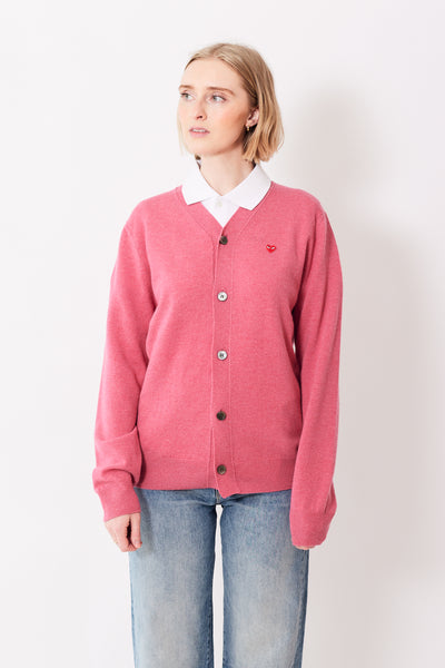 Model wearing Comme des Garçons PLAY Mens Small Heart Wool Cardigan front view