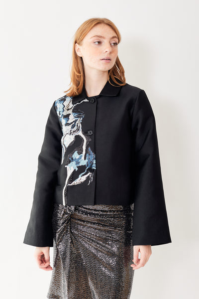 Front of Kiana Woven Jacquard Jacket in Icy Flower on model. 