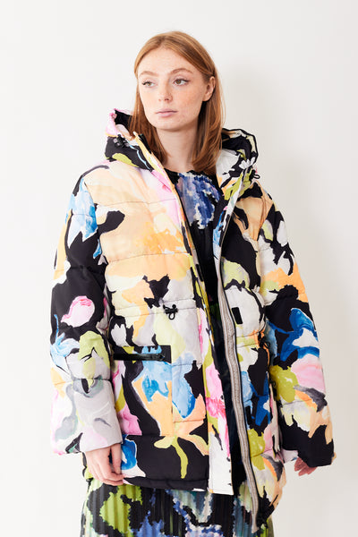 Front of Stine Goya Opal Padded Outerwear Coat in Artistic Floral on model.