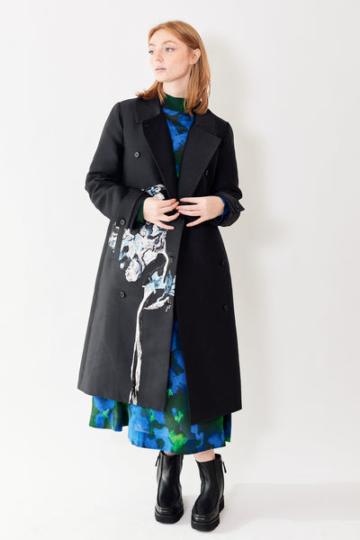 Front of Wessi Woven Jacquard Coat in Icy Flower on model. 