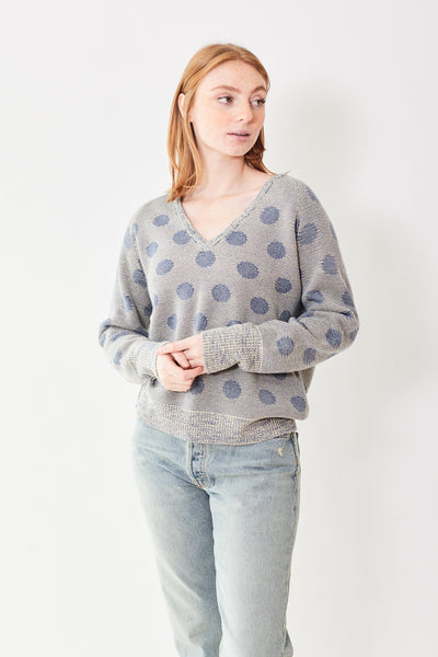 Front of The Great The Slouchy V Neck Pullover in Juniper Berry Polka Dot  on model. 