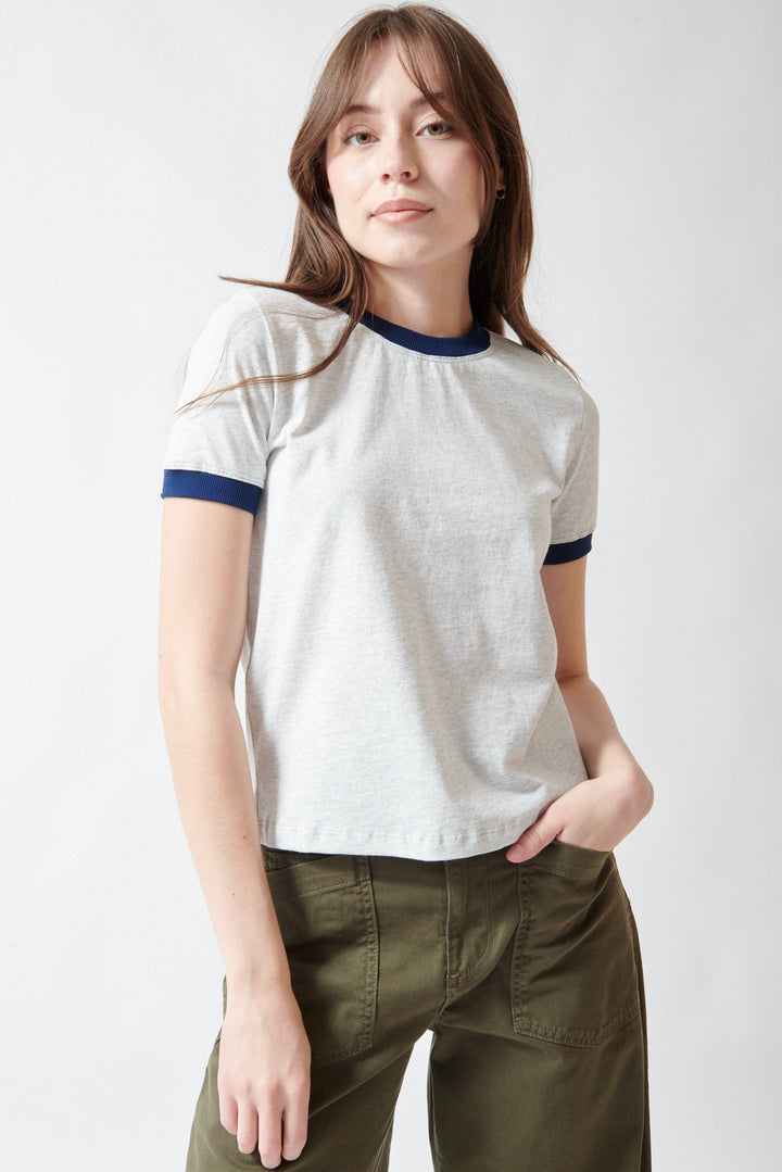 Angela wearing ASKK NY Classic Ringer Tee front view