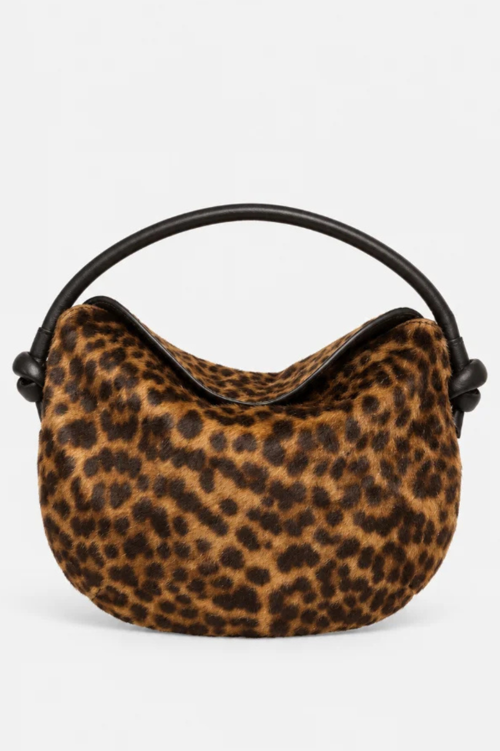 Flat lay of Frēda Salvador Elis Mini Crescent Bag Leopard Haircalf front view