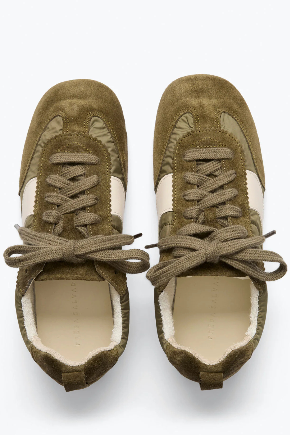 Flat lay of Frēda Salvador Inde Sneaker Moss Suede Combo top view