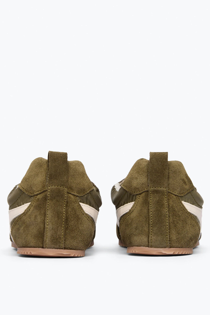 Flat lay of Frēda Salvador Inde Sneaker Moss Suede Combo rear view