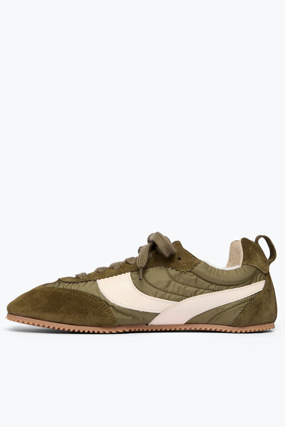 Flat lay of Frēda Salvador Inde Sneaker Moss Suede Combo side view