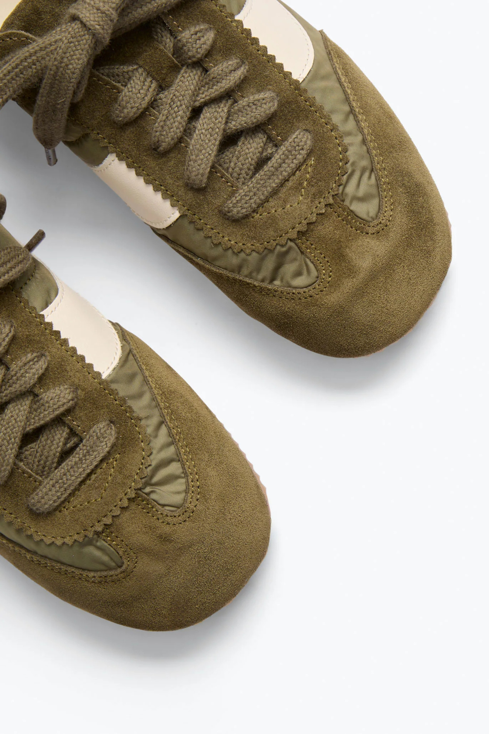Flat lay of Frēda Salvador Inde Sneaker Moss Suede Combo top view