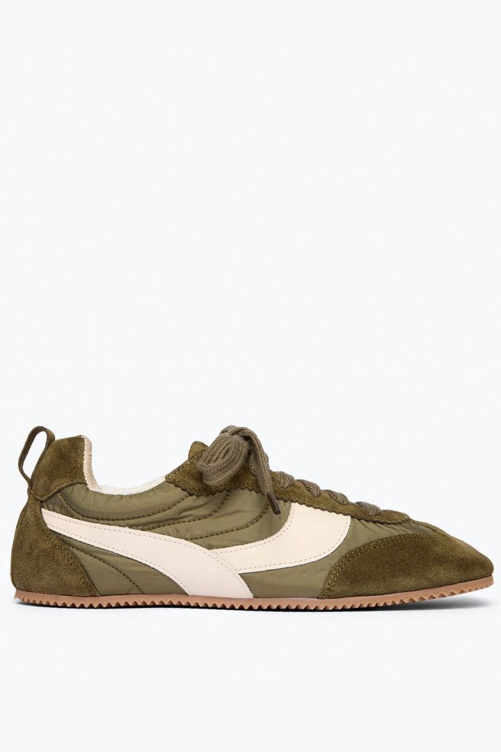Flat lay of Frēda Salvador Inde Sneaker Moss Suede Combo side view