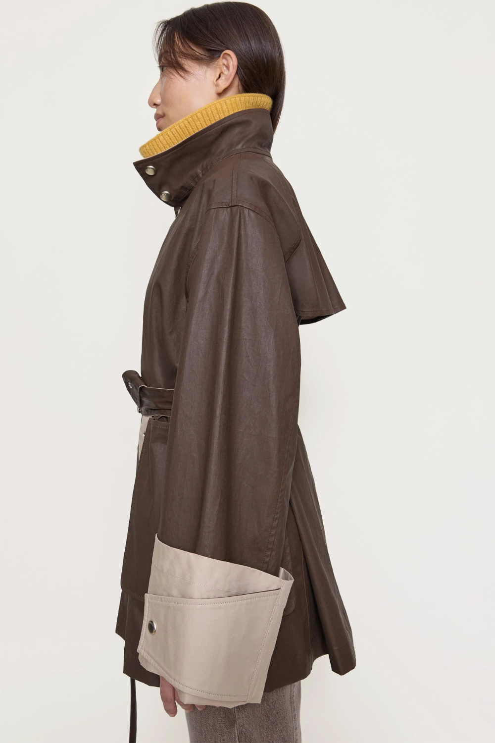 Model wearing OSSOU Asha Coat Tobacco Rye side view
