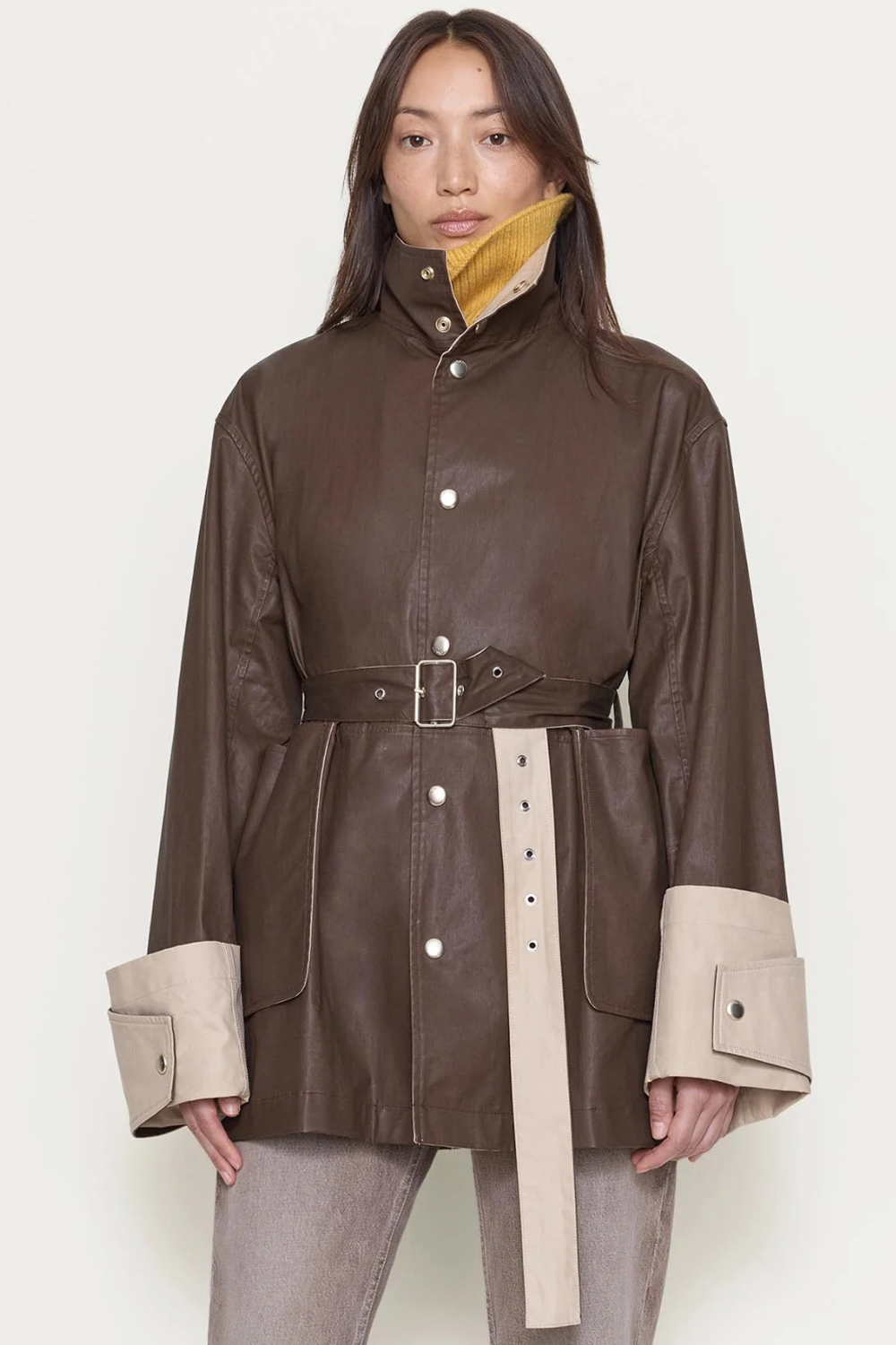 Model wearing OSSOU Asha Coat Tobacco Rye front view
