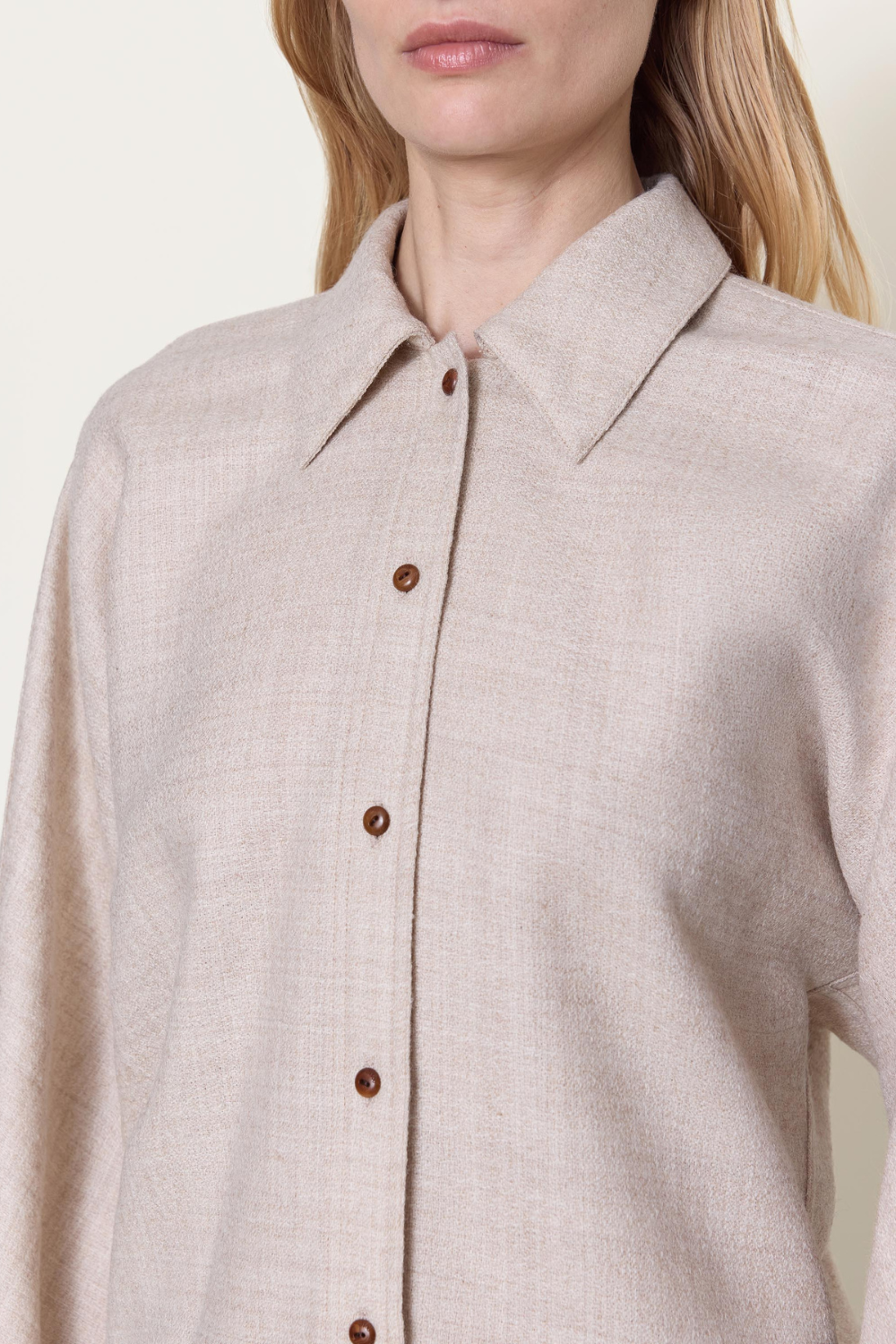 Model wearing OSSOU Ridge Shirt Rye front detail view