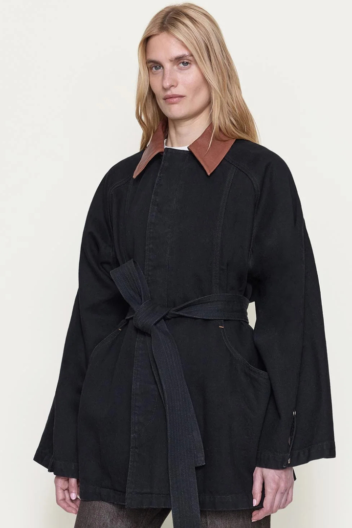 Model wearing OSSOU Sweep Coat Dusk Wash Tan Leather front view