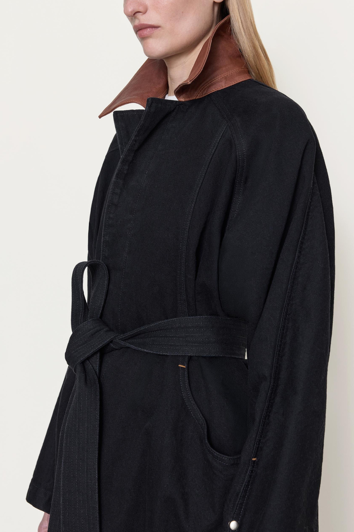 Model wearing OSSOU Sweep Coat Dusk Wash Tan Leather front view