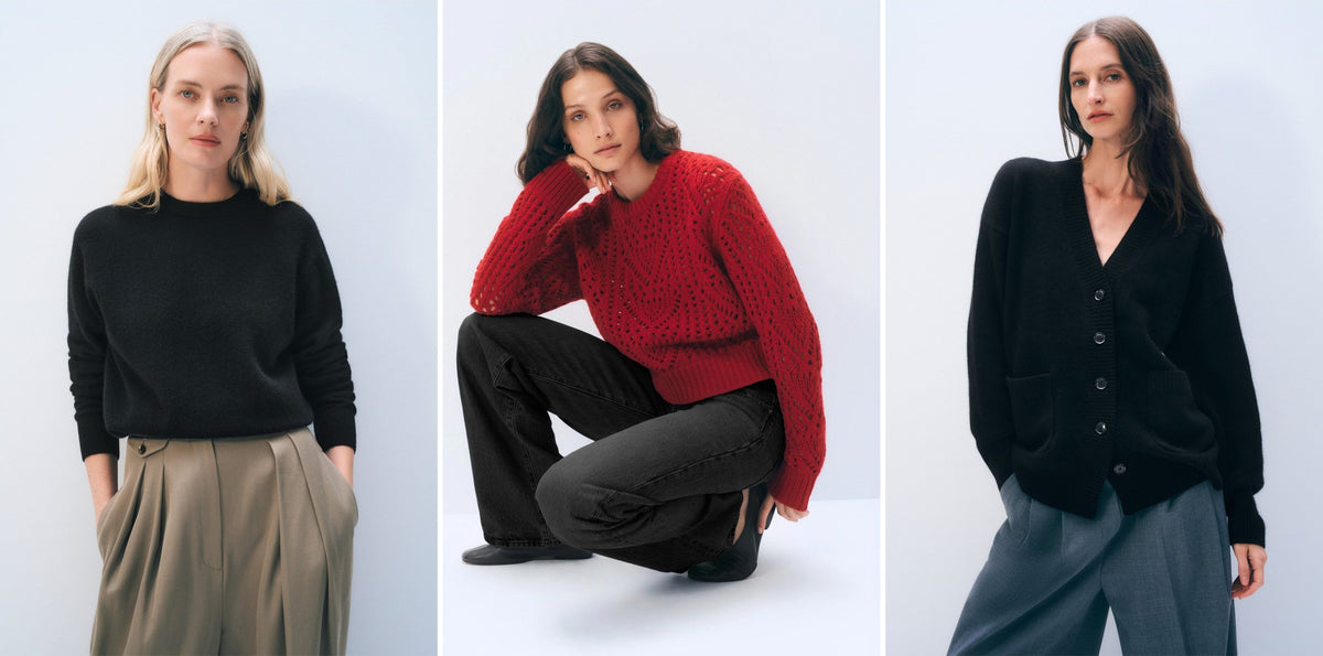 White + Warren cashmere — black crewneck, red crewneck and black pocket cardigan