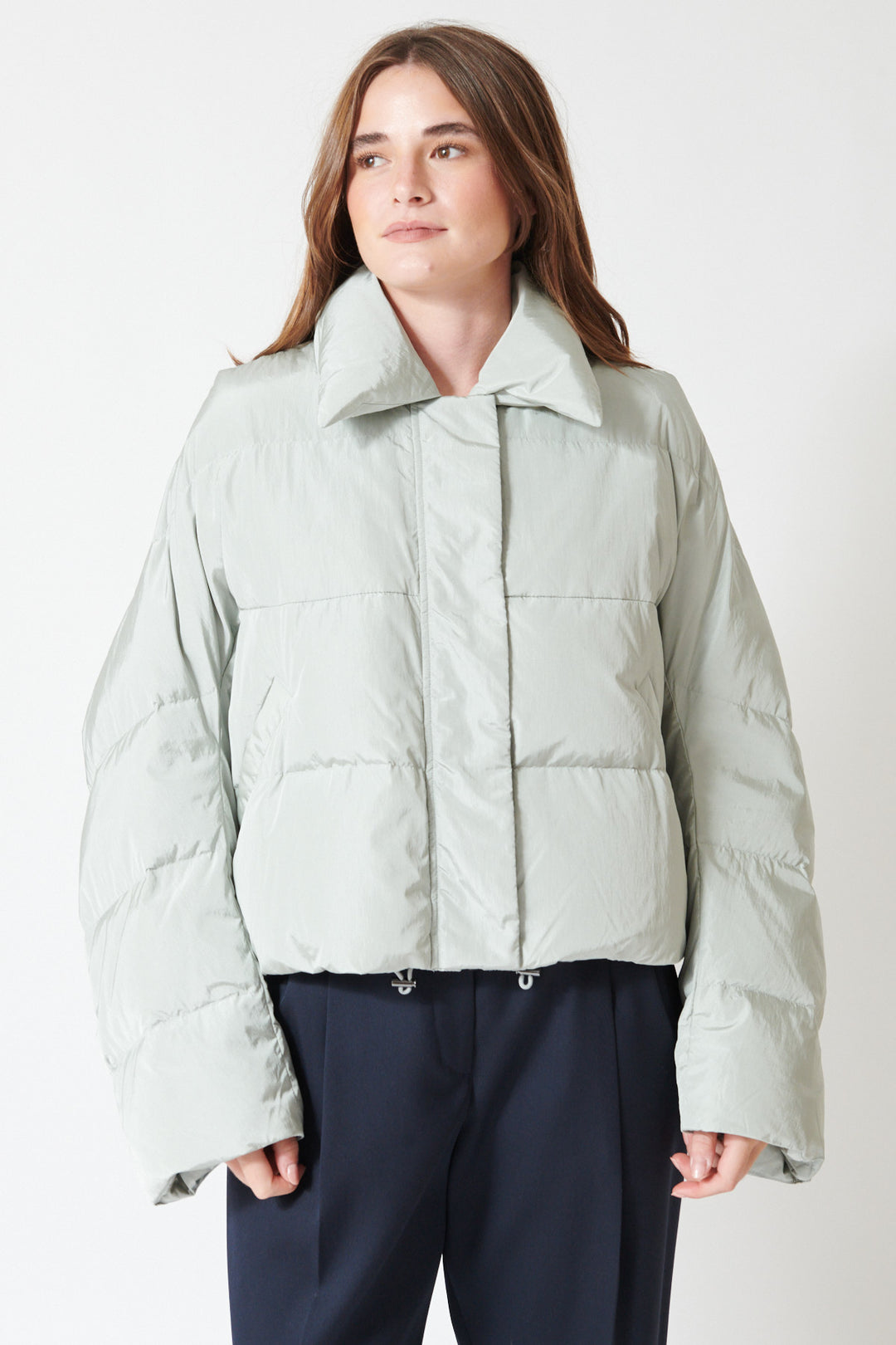 Julia wearing Christian Wijnants Jani Coat in Pigeon, front view.