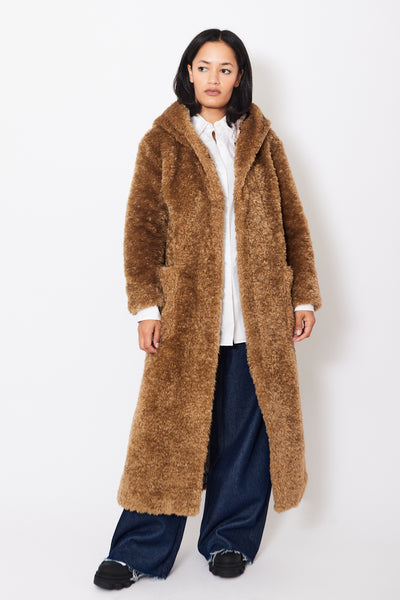 Front of Herno Faux Shearling Hooded Maxi Coat on a model