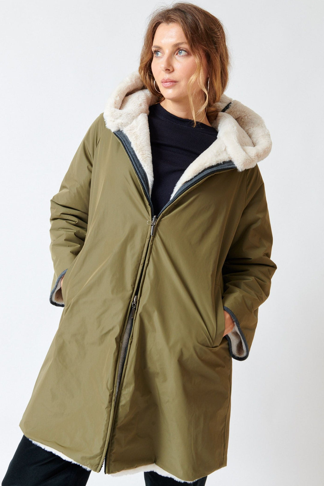Mari wearing Rosso 35 Reversible Plush Interior Dual Zip Donna Coat front view