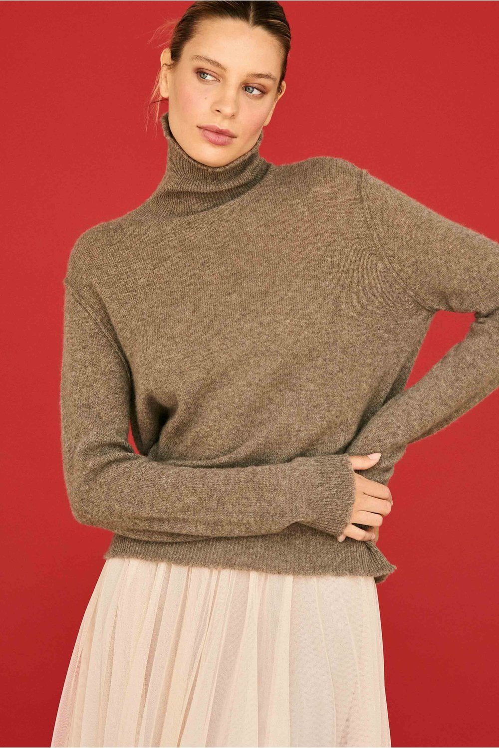 Jumper 1234 Distressed Roll Collar in St Kilda Moose, styled on model
