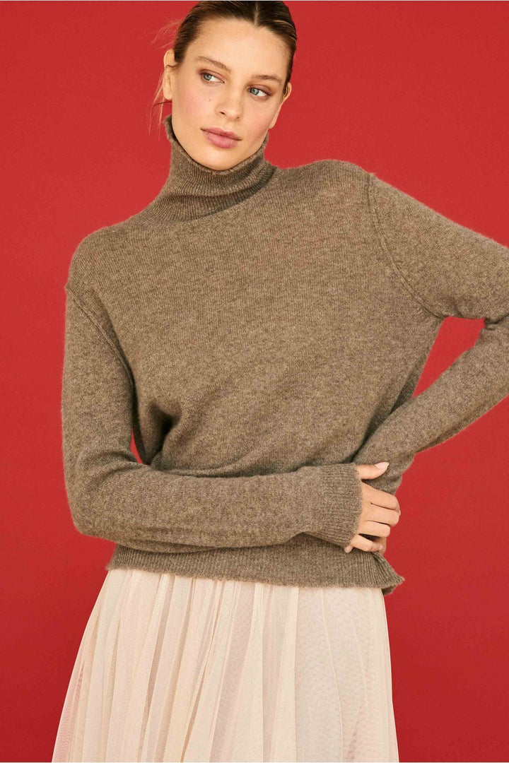 Jumper 1234 Distressed Roll Collar in St Kilda Moose, styled on model