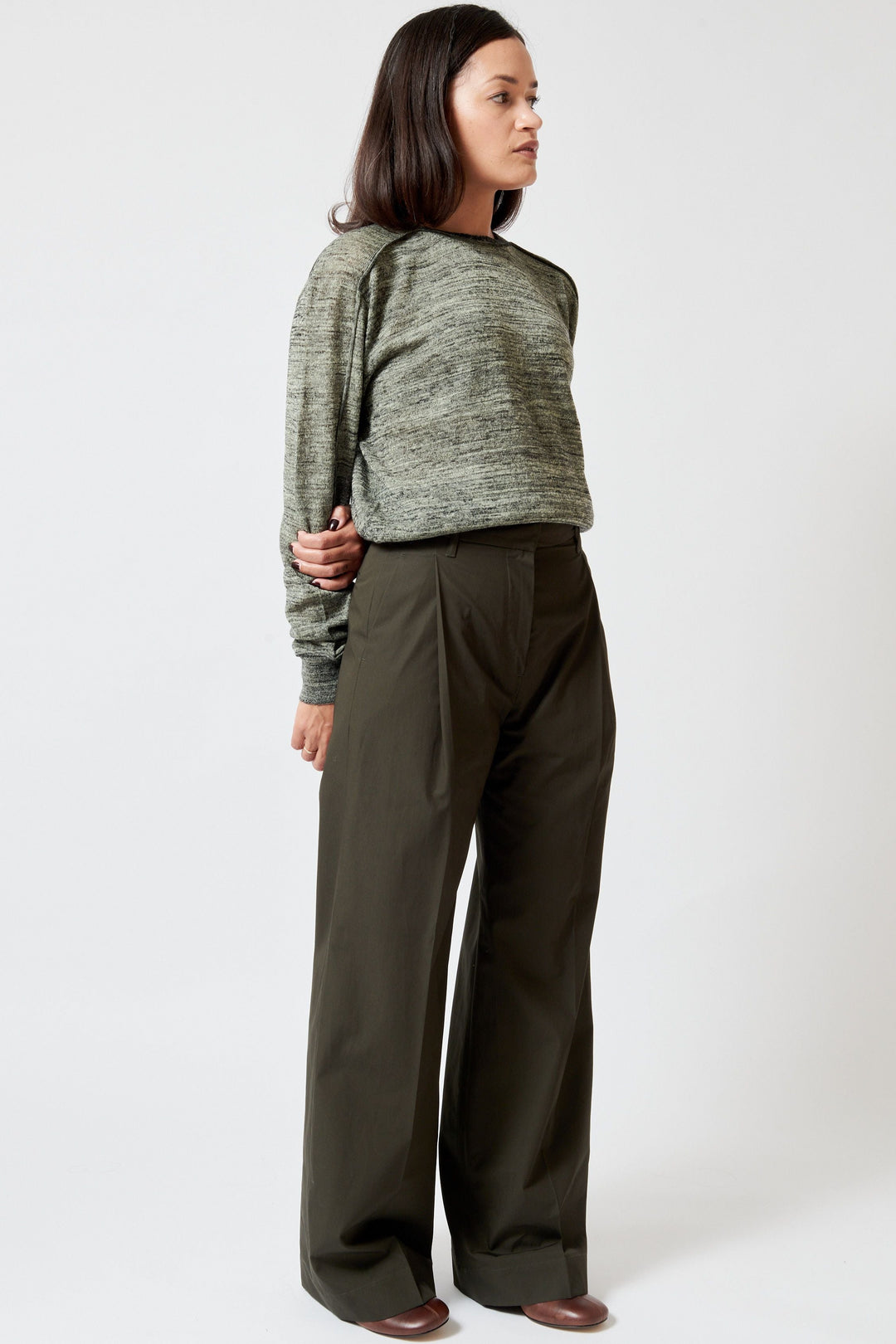 Model wearing Christian Wijnants Pama Cotton Wide Leg Trouser front view