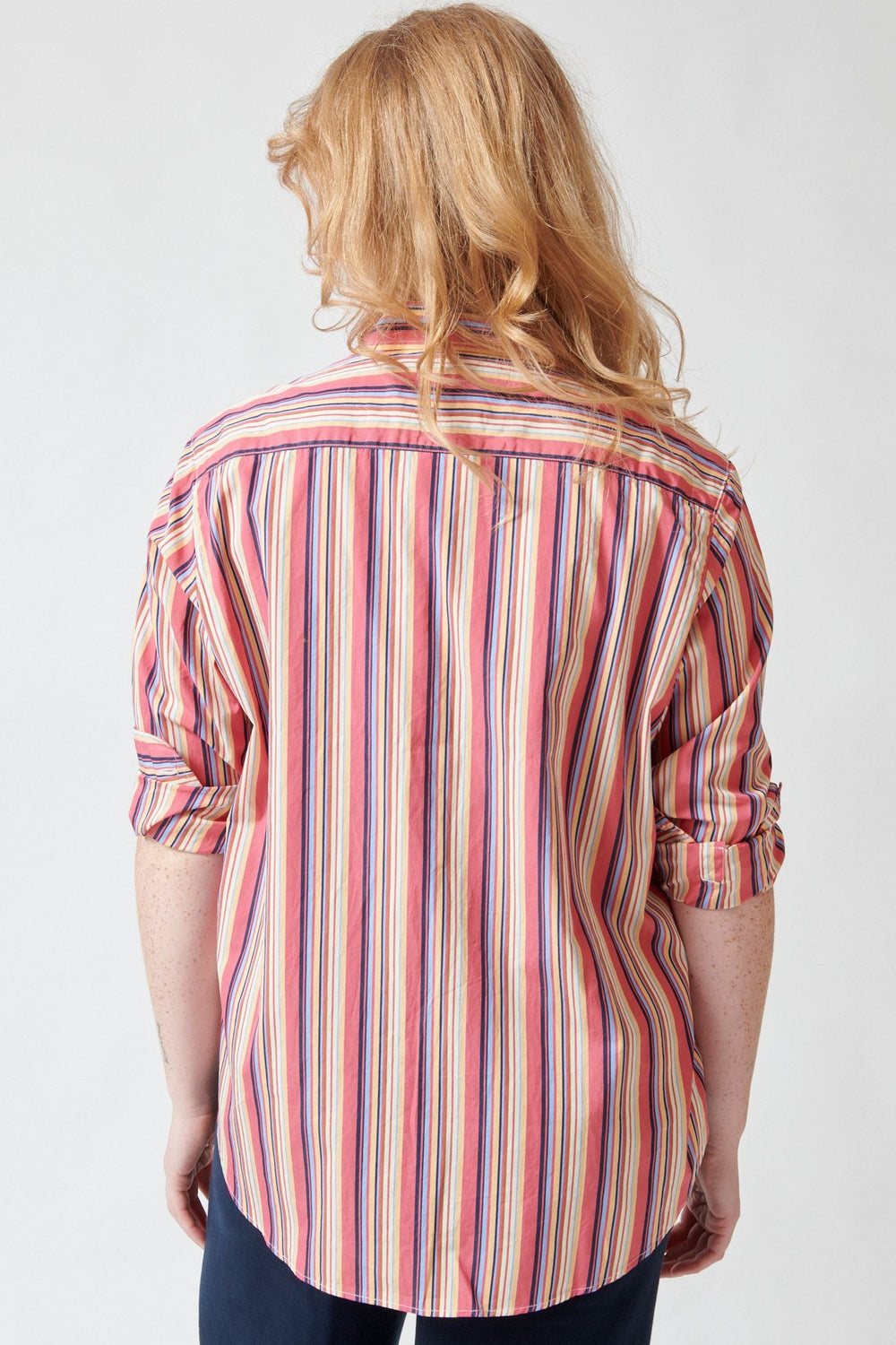 Waverly wearing Frank & Eileen Eileen Relaxed Button Up Shirt Pink Yellow Blue Stripe rear view