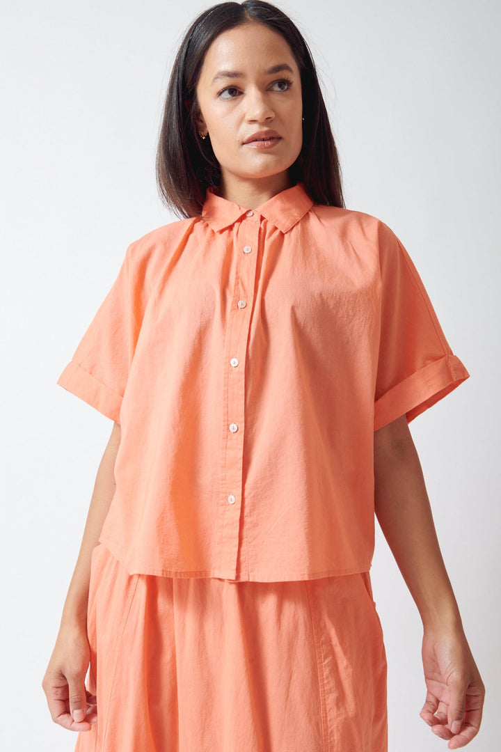 Amanda wearing Lilla P Elbow Sleeve Button Down front view