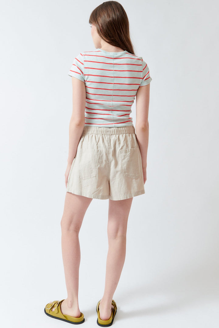 Angela wearing Lilla PLinen Blend Easy Short Bamboo rear view