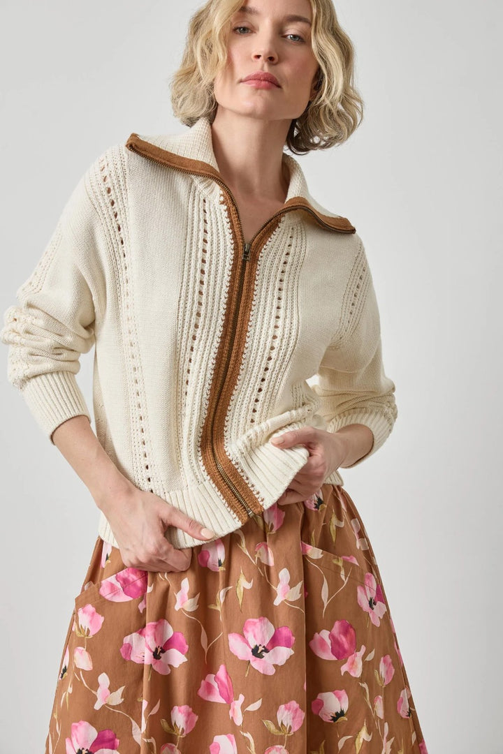 Lilla P Contrast Collar Zip Cardigan