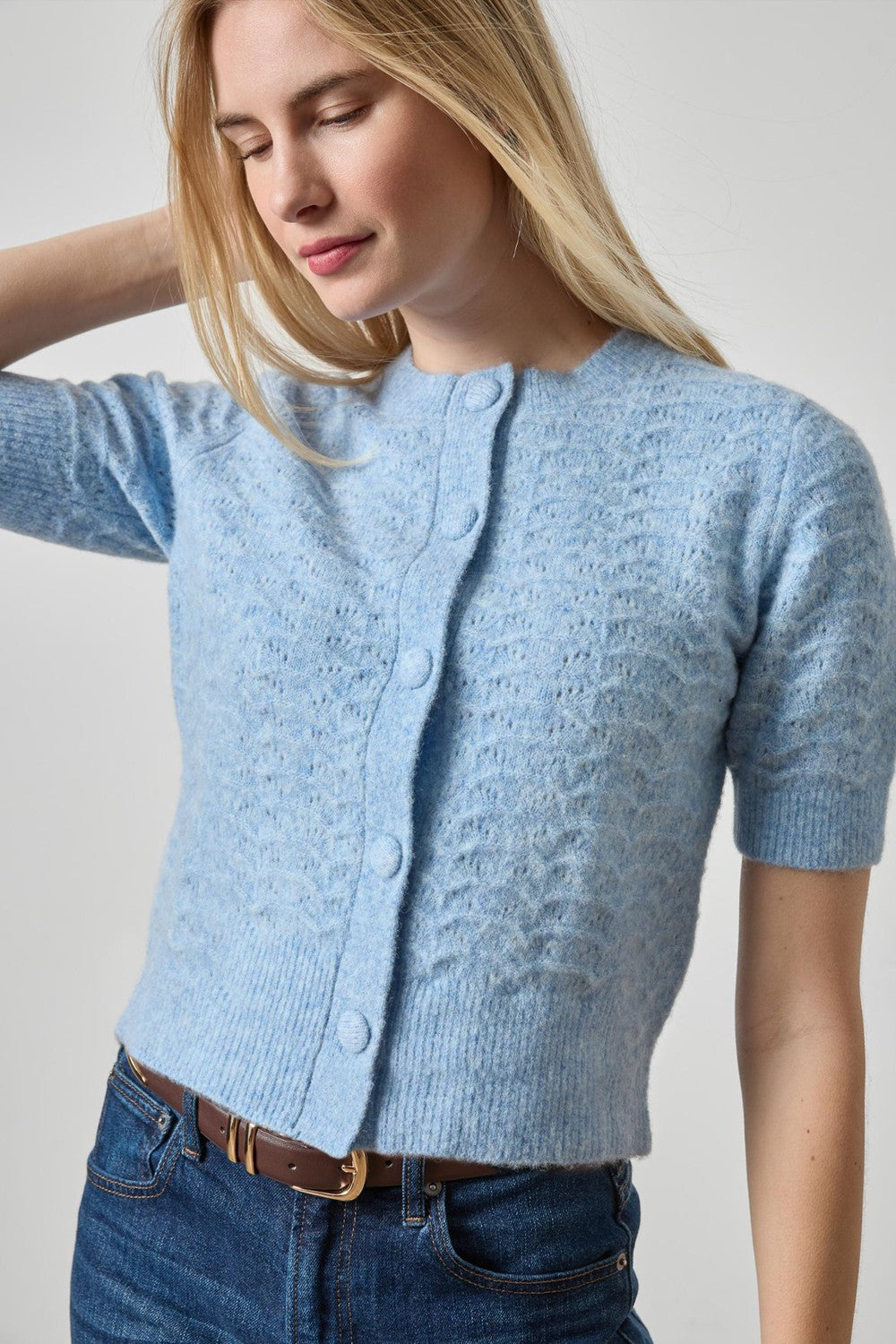 Lilla P Short Sleeve Crewneck Cardigan
