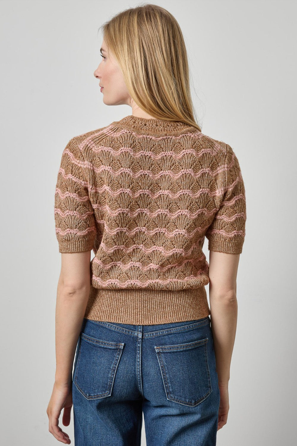 Lilla P Short Sleeve Multistitch Pullover Sweater, Hazelnut Stripe — Grethen House