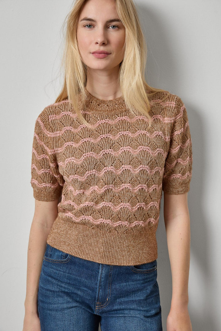 Lilla P Short Sleeve Multistitch Pullover Sweater, Hazelnut Stripe — Grethen House