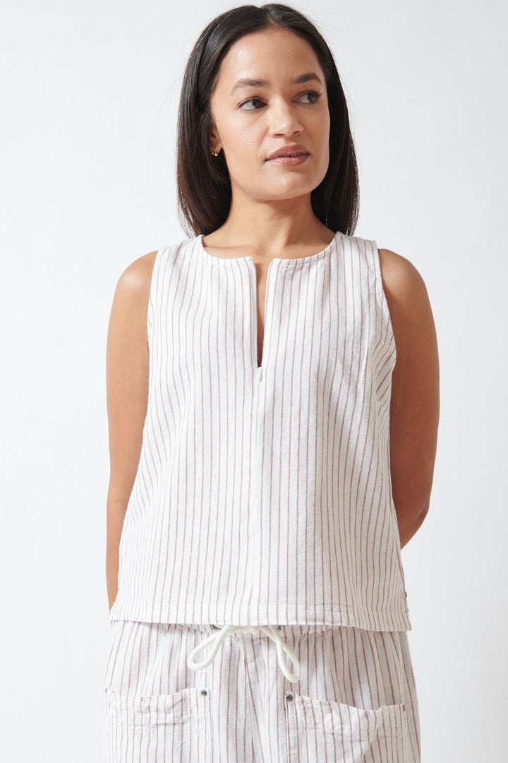 Amanda wearing Lilla P Sleeveless Zip Top front view