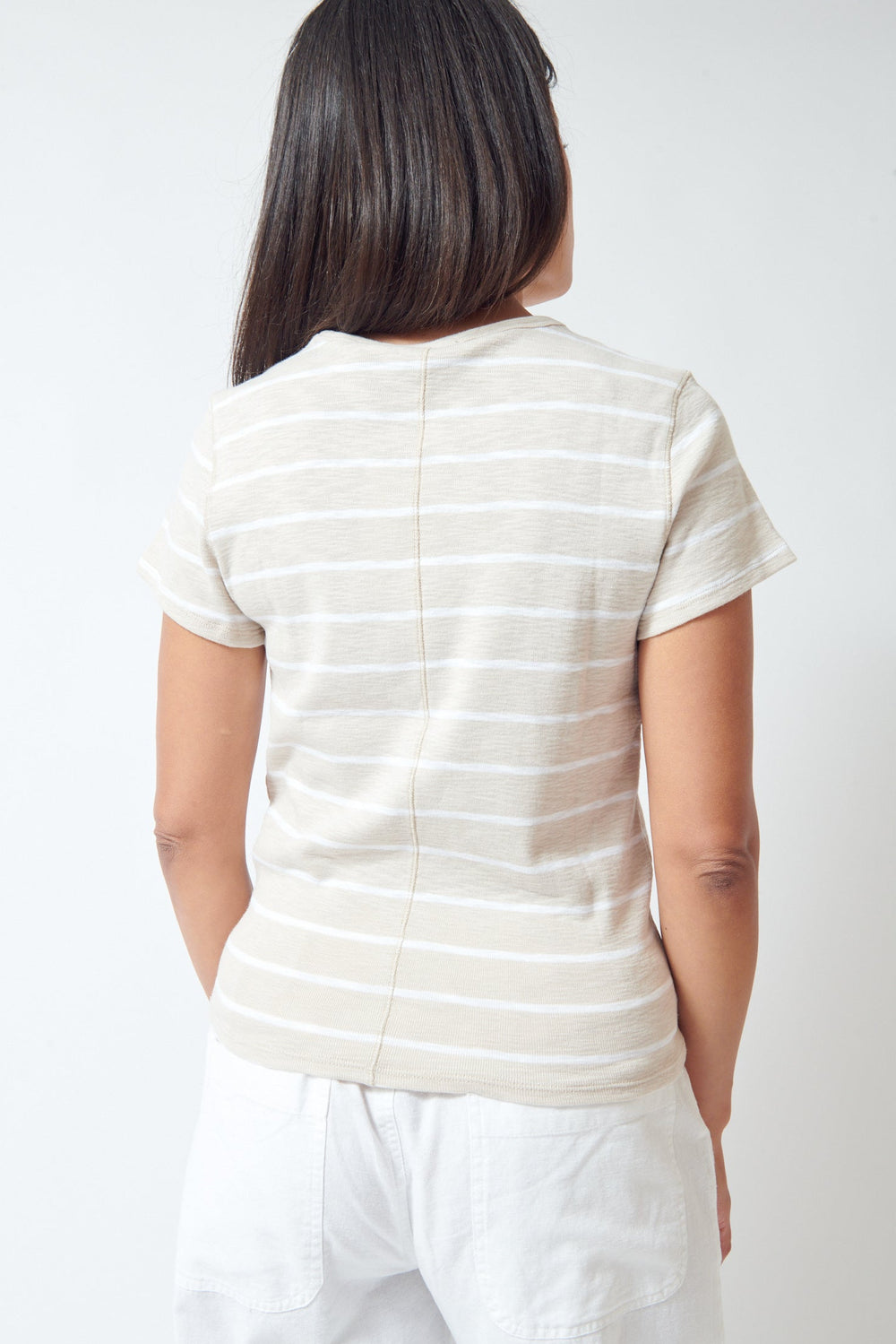 Amanda wearing Lilla P Striped Short Sleeve Back Seam Tee rear view
