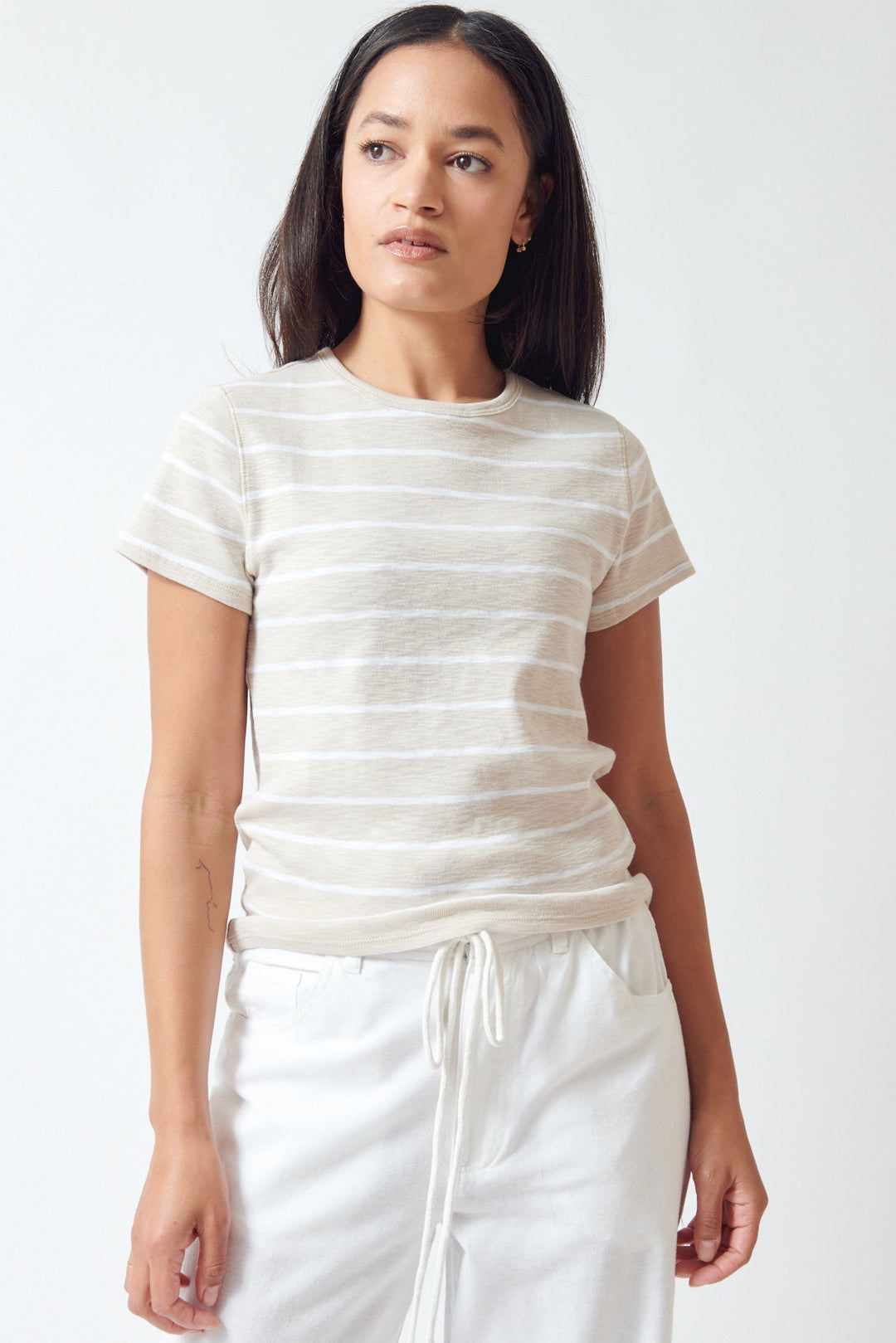 Amanda wearing Lilla P Striped Short Sleeve Back Seam Tee front view