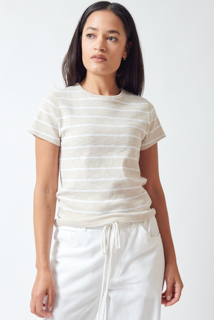 Amanda wearing Lilla P Striped Short Sleeve Back Seam Tee front view