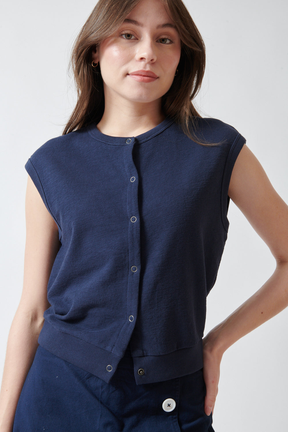 Angela wearing Lilla P Textured Terry Sleeveless Cardigan front/detail view