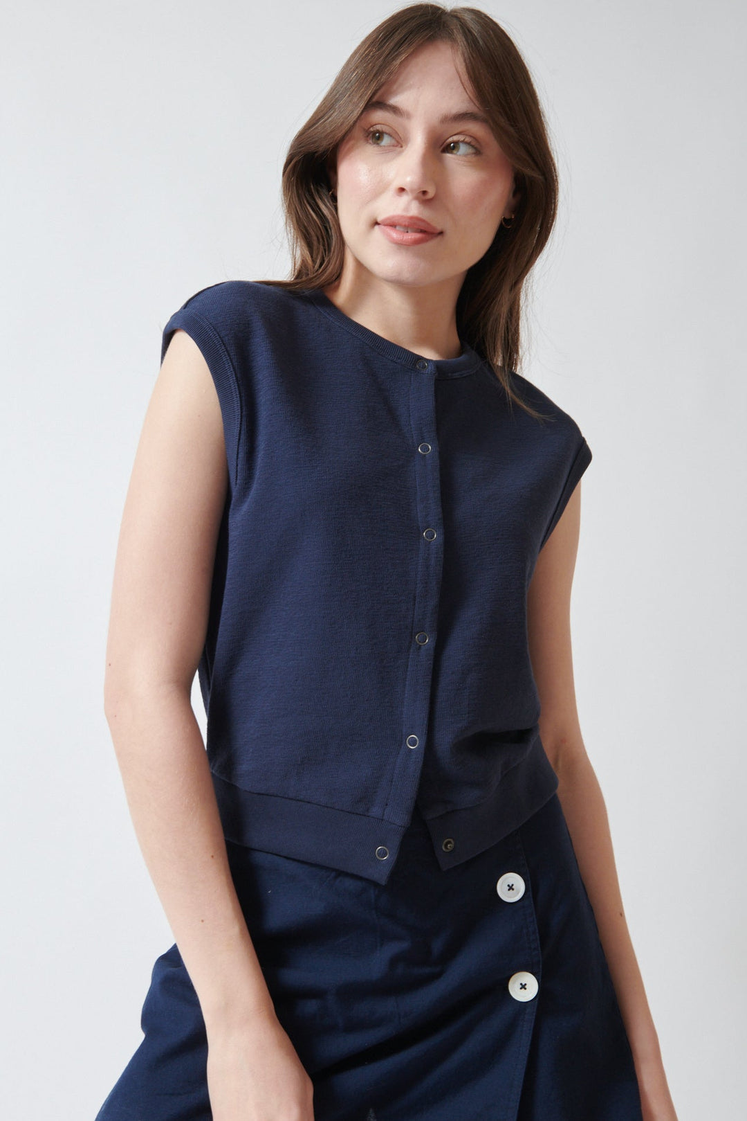 Angela wearing Lilla P Textured Terry Sleeveless Cardigan front view