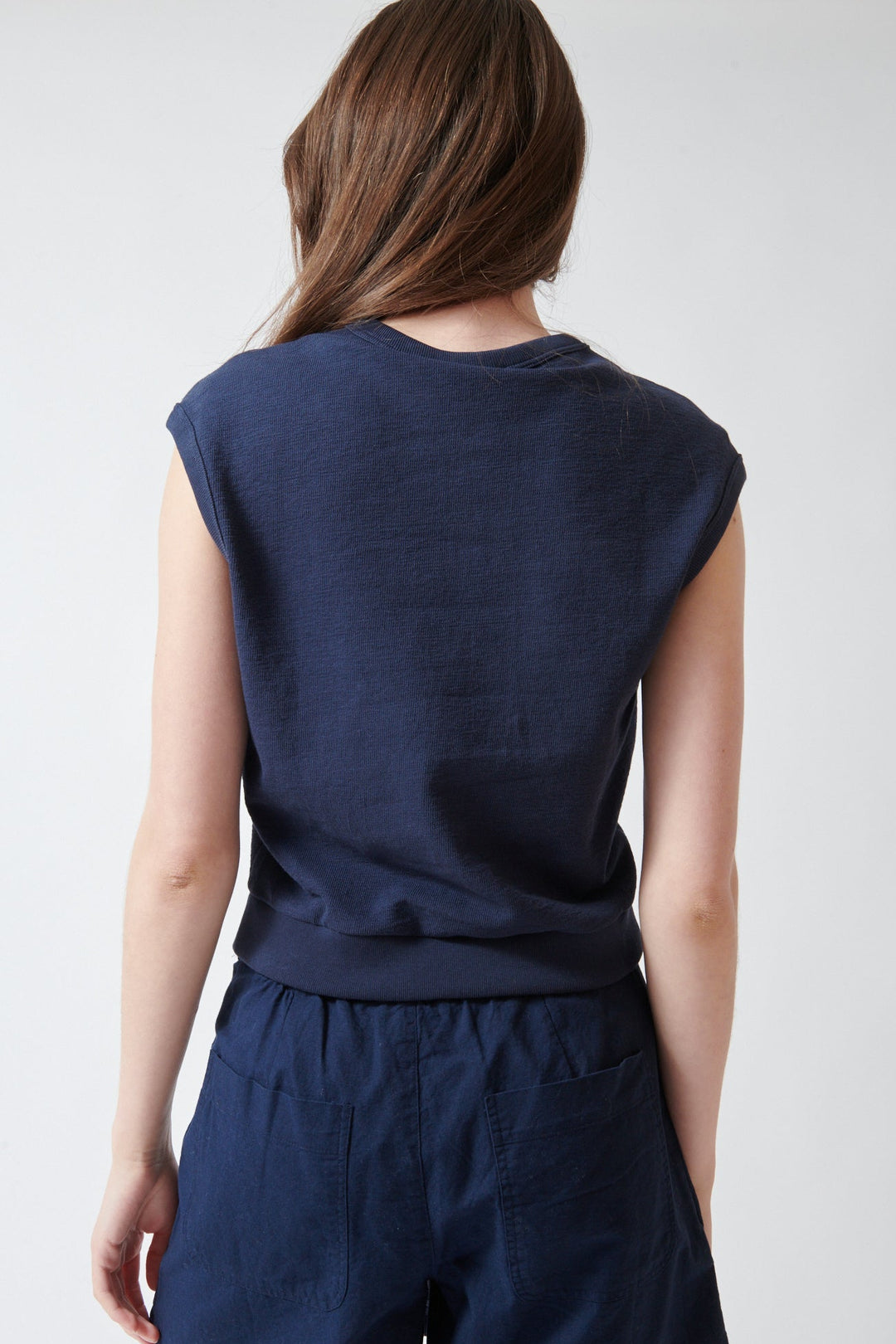 Angela wearing Lilla P Textured Terry Sleeveless Cardigan rear view