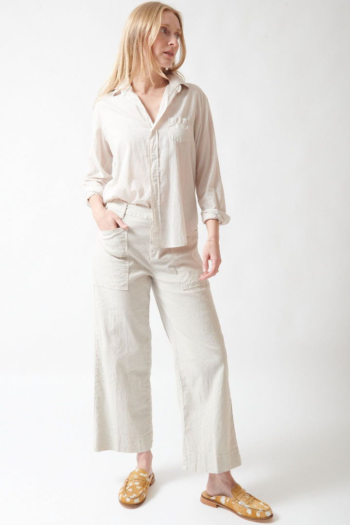 Madi wearing Frank & Eileen Limerick Wrap Pocket Pant Cement front view