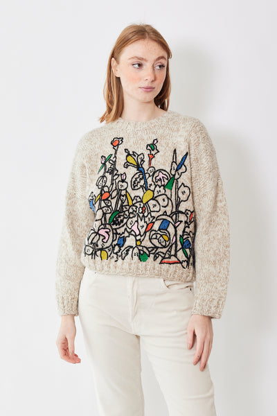 Front of Mii Karine Hand Knitted Hand Embroidered Pullover on a model