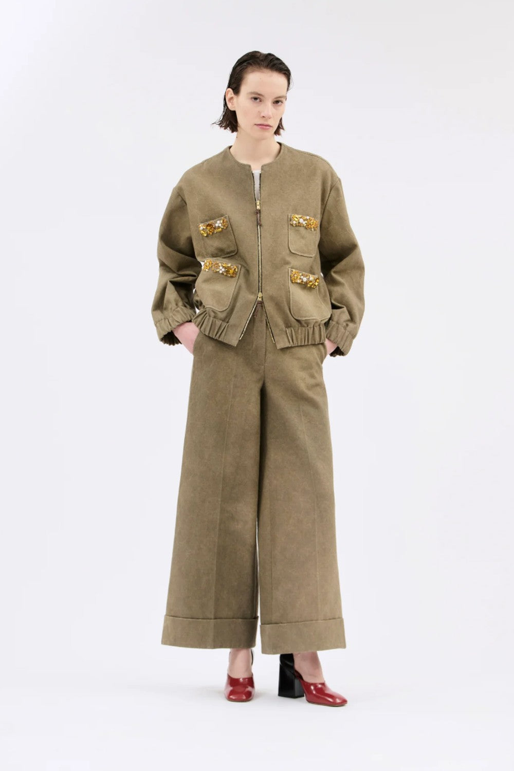 Odeeh Cotton Damask Bejeweled Zip Jacket
