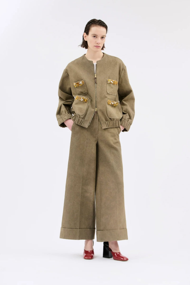 Odeeh Cotton Damask Bejeweled Zip Jacket