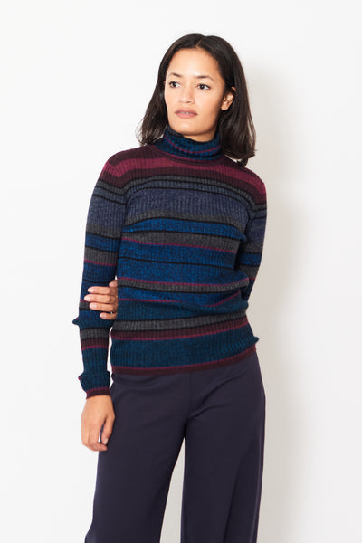 Front of Odeeh Ribbed Striped T Neck Sweater on a model