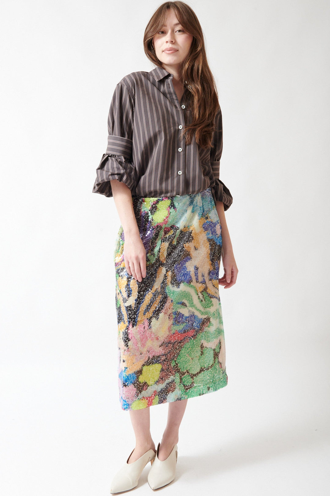 Angela wearing Odeeh Sequin Floral Skirt front view