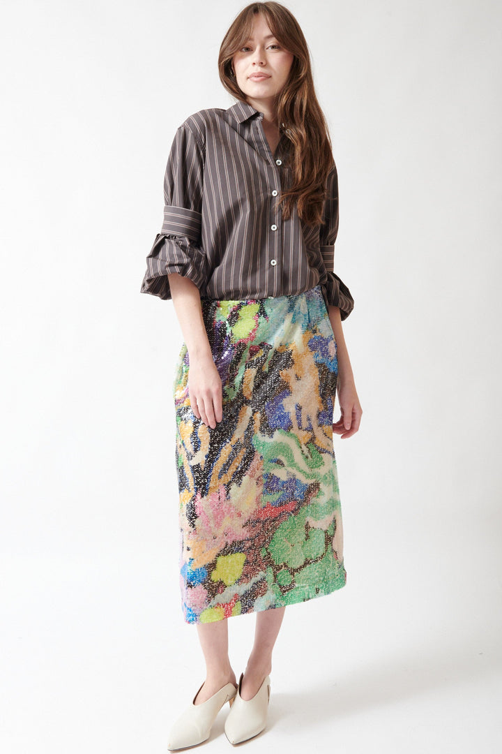 Angela wearing Odeeh Sequin Floral Skirt front view