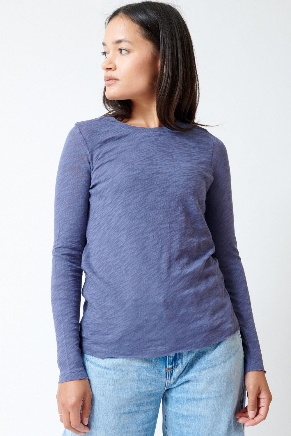 Amanda wearing ATM Anthony Thomas Melillo Long Sleeve Cotton Slub Destroyed Tee front view