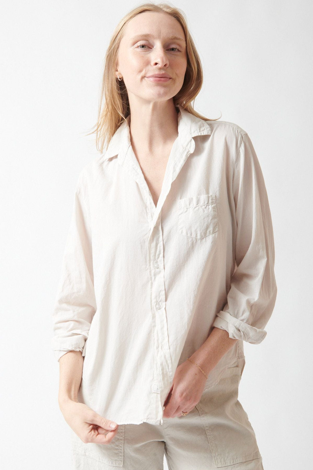 Madi wearing Frank & Eileen Eileen Relaxed Button Up Shirt front view
