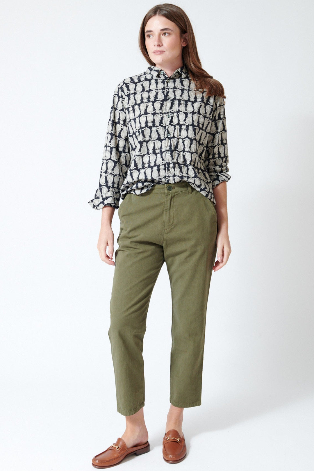 Julia wearing Pas de Calais Cotton Grosgrain Tapered Pants in Khaki, front view.