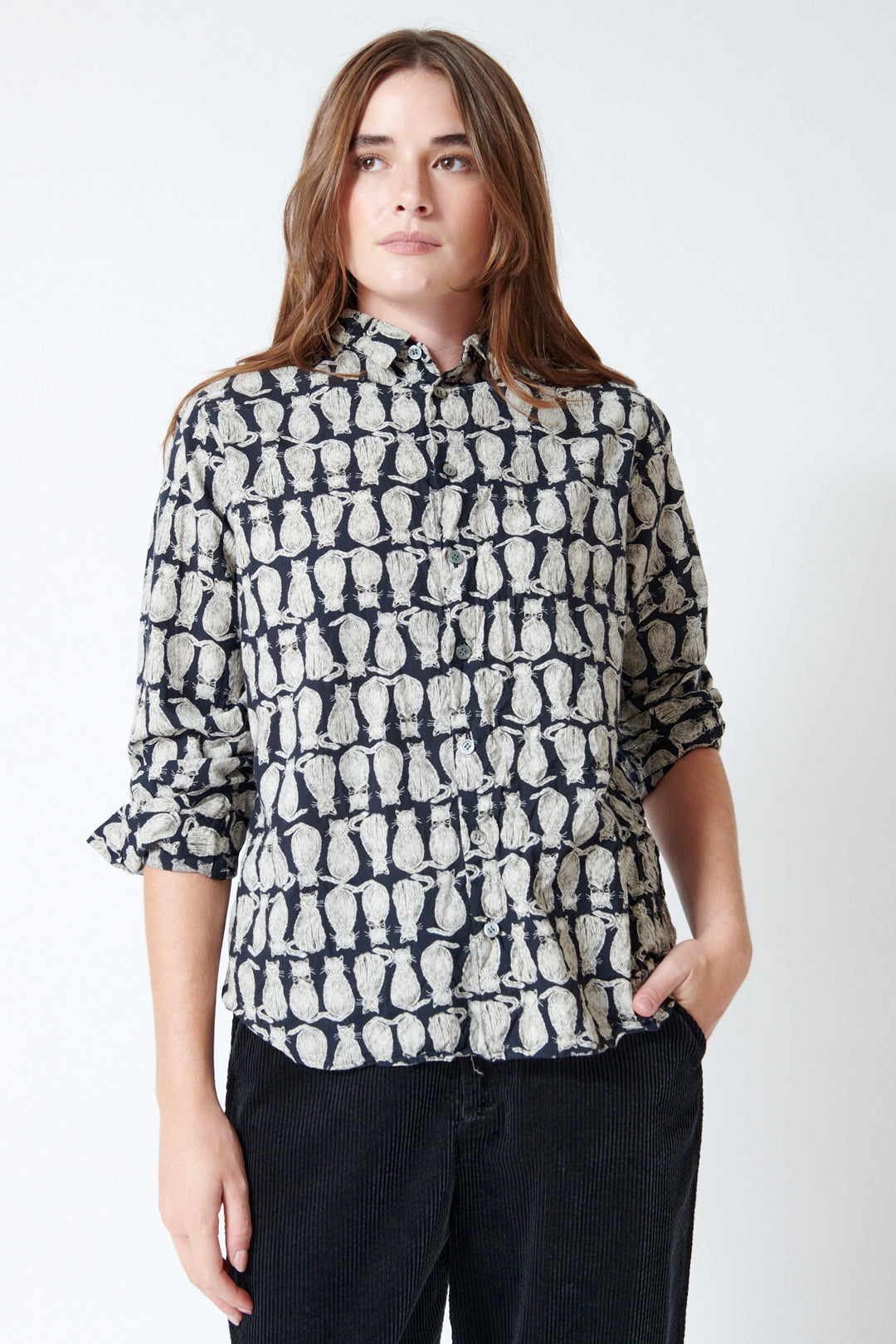 Julia wearing Pas de Calais Cat Patrol Print Shirt, front view.