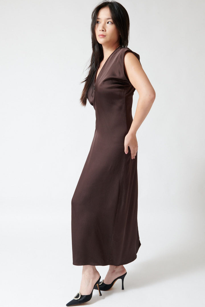 Angela wearing Apiece Apart Monde Drape Bias Maxi side view